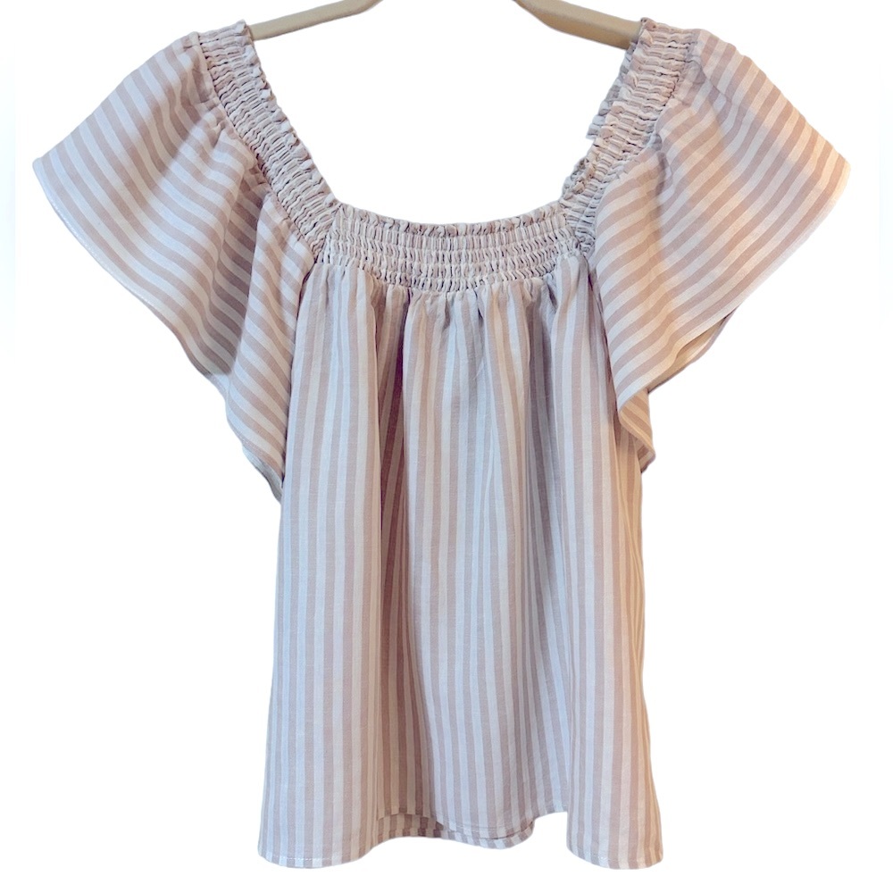 🔴3/$18 A New Day Striped Flutter Sleeve Top - Color Tan & White Stripe Size XS